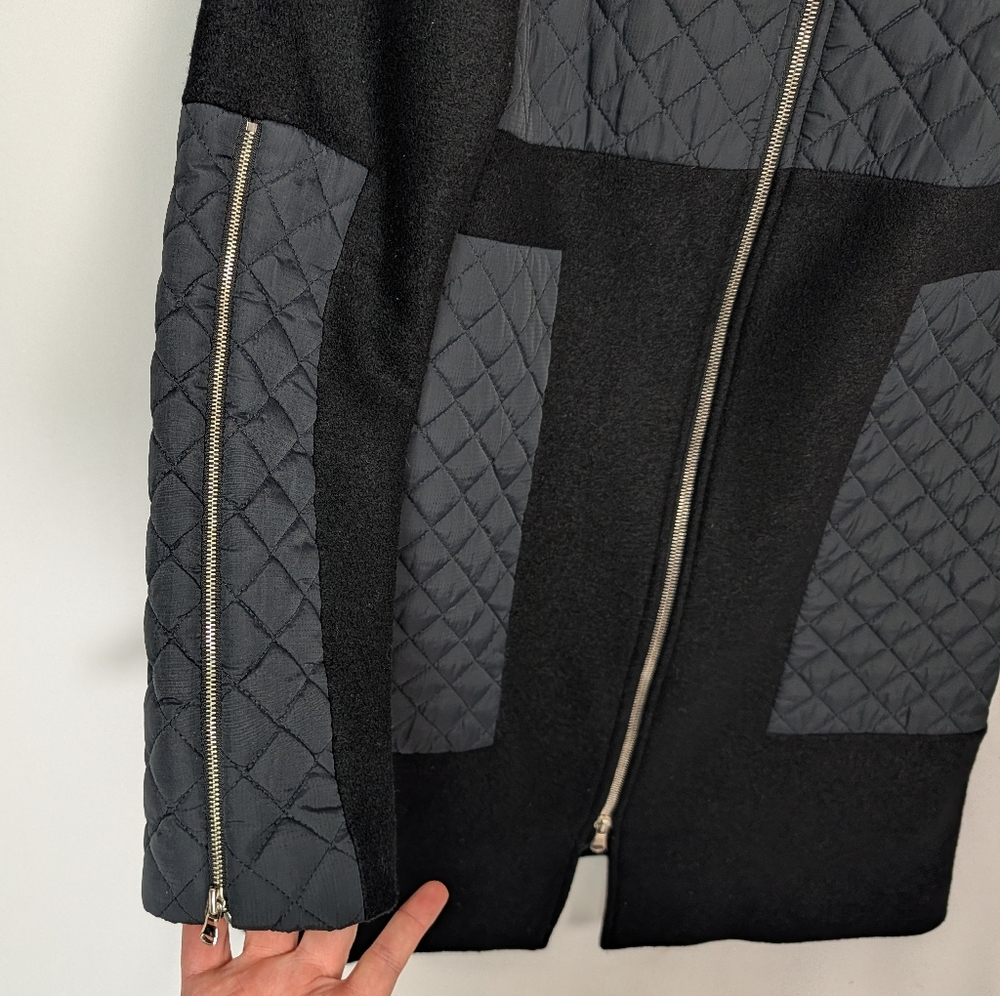 SUNO sz. 4 100% Wool 100% Silk Lined Coat Black Quilted Mixed Media Zip Front - Picture 6 of 13